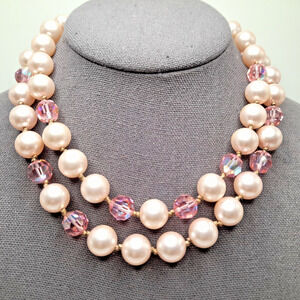 Vintage 1950s Pink Faux Pearl Crystal Double Strand Choker Necklace